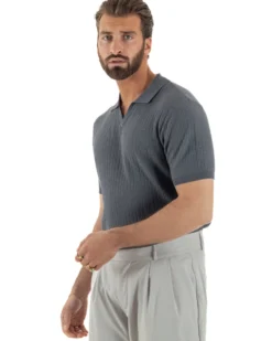 Polo uomo filo maglia costine colletto t-shirt sottogiacca scollo v piombo GIOSAL-TS3219A