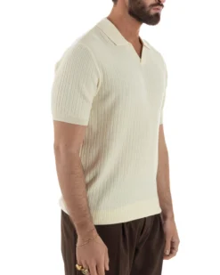 Polo uomo filo maglia costine colletto t-shirt sottogiacca scollo v panna GIOSAL-TS3218A