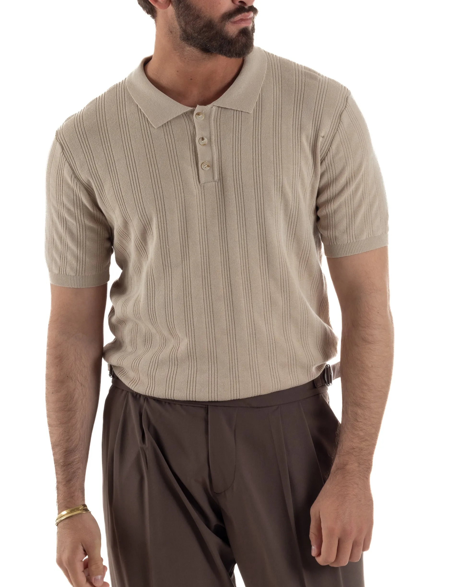 Polo uomo filo maglia costine colletto con bottoni t-shirt sottogiacca beige GIOSAL-TS3271A