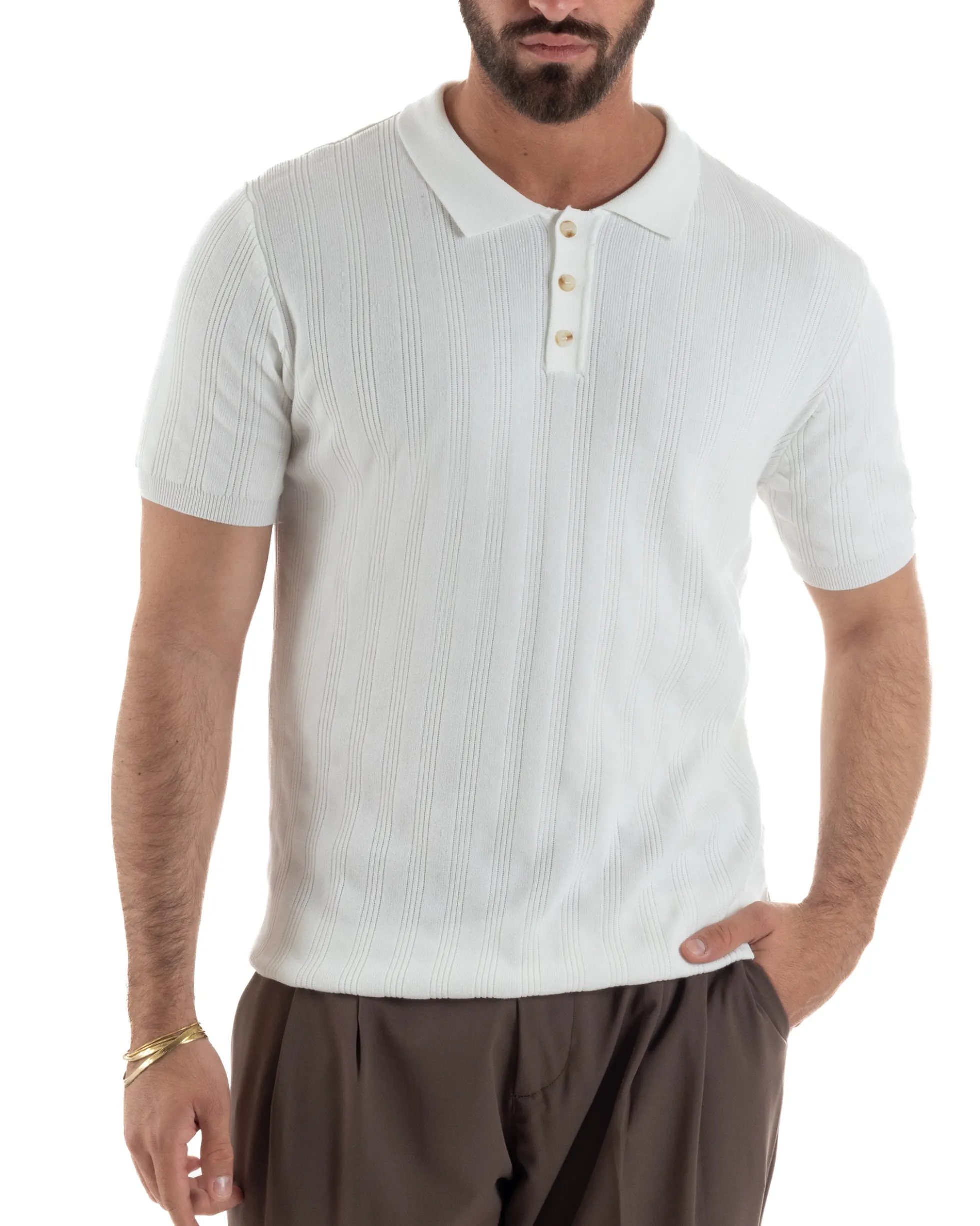 Polo uomo filo maglia costine colletto con bottoni t-shirt sottogiacca bianco GIOSAL-TS3272A