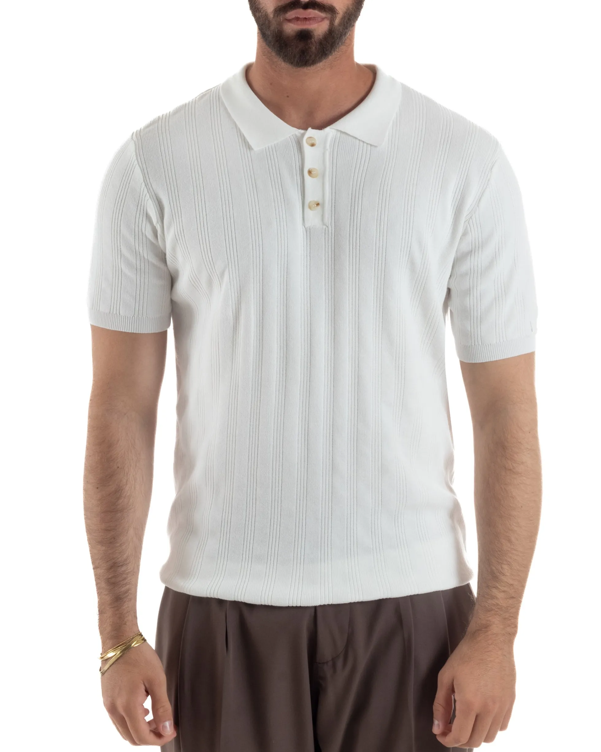 Polo uomo filo maglia costine colletto con bottoni t-shirt sottogiacca bianco GIOSAL-TS3272A