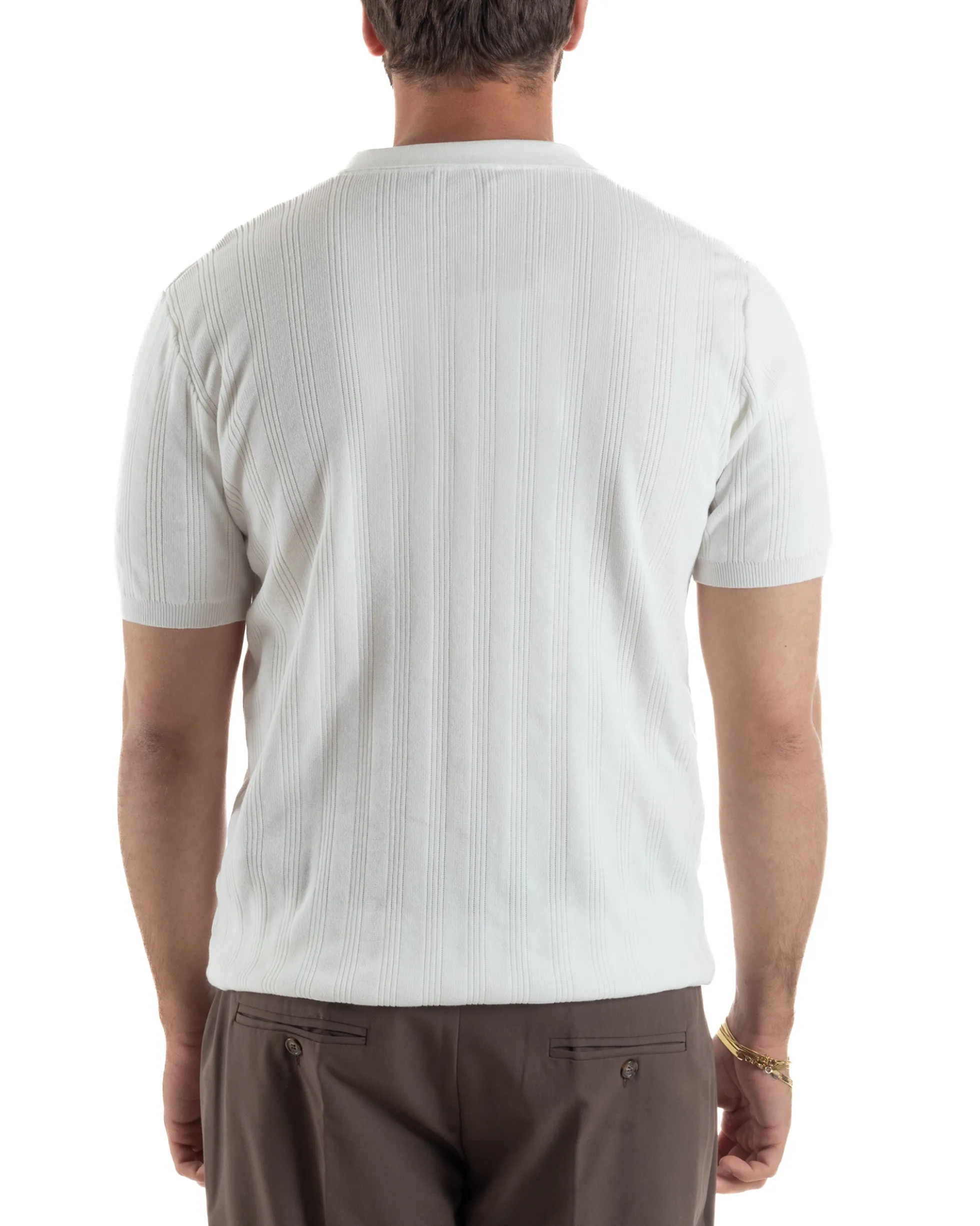 Polo uomo filo maglia costine colletto con bottoni t-shirt sottogiacca bianco GIOSAL-TS3272A