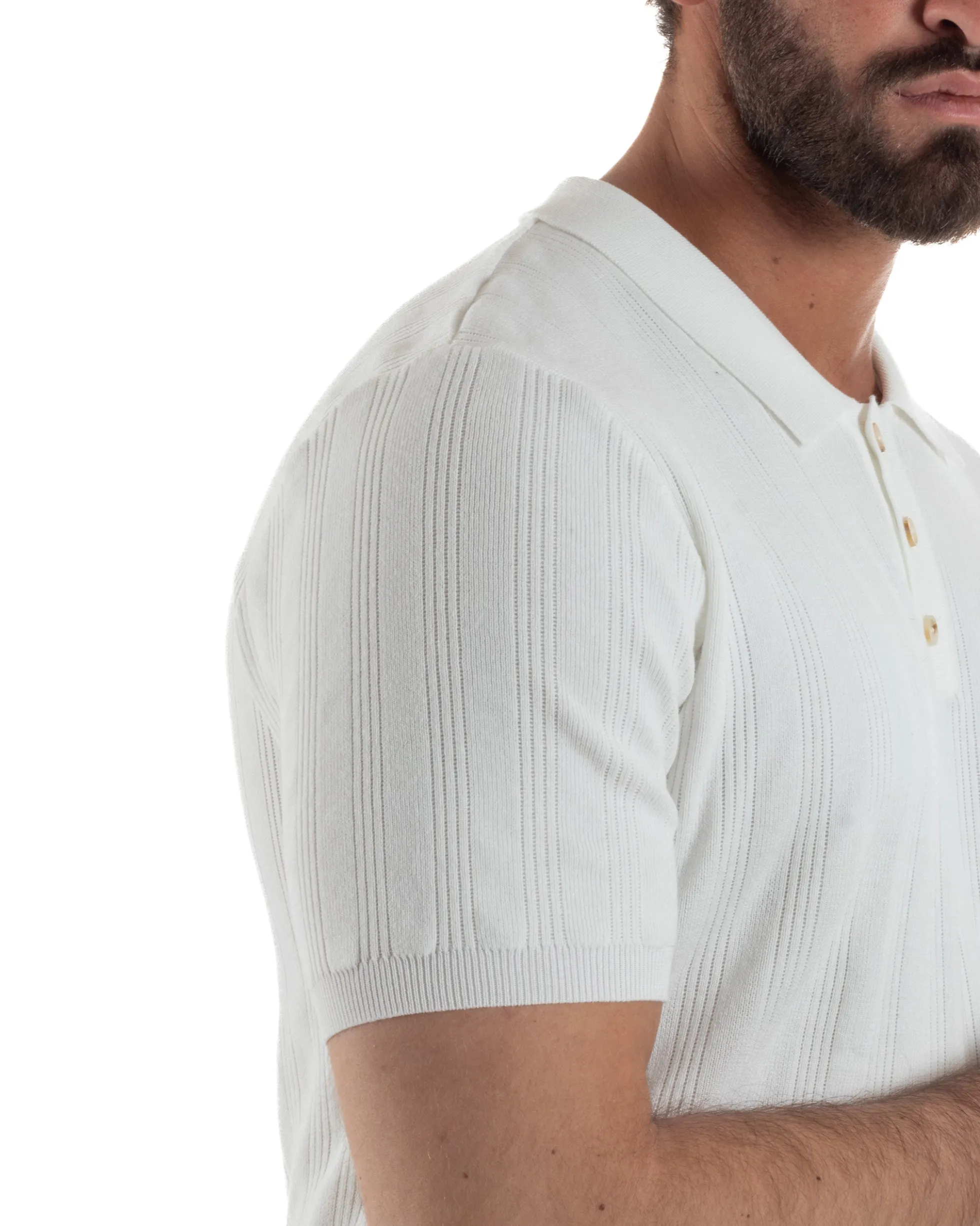 Polo uomo filo maglia costine colletto con bottoni t-shirt sottogiacca bianco GIOSAL-TS3272A