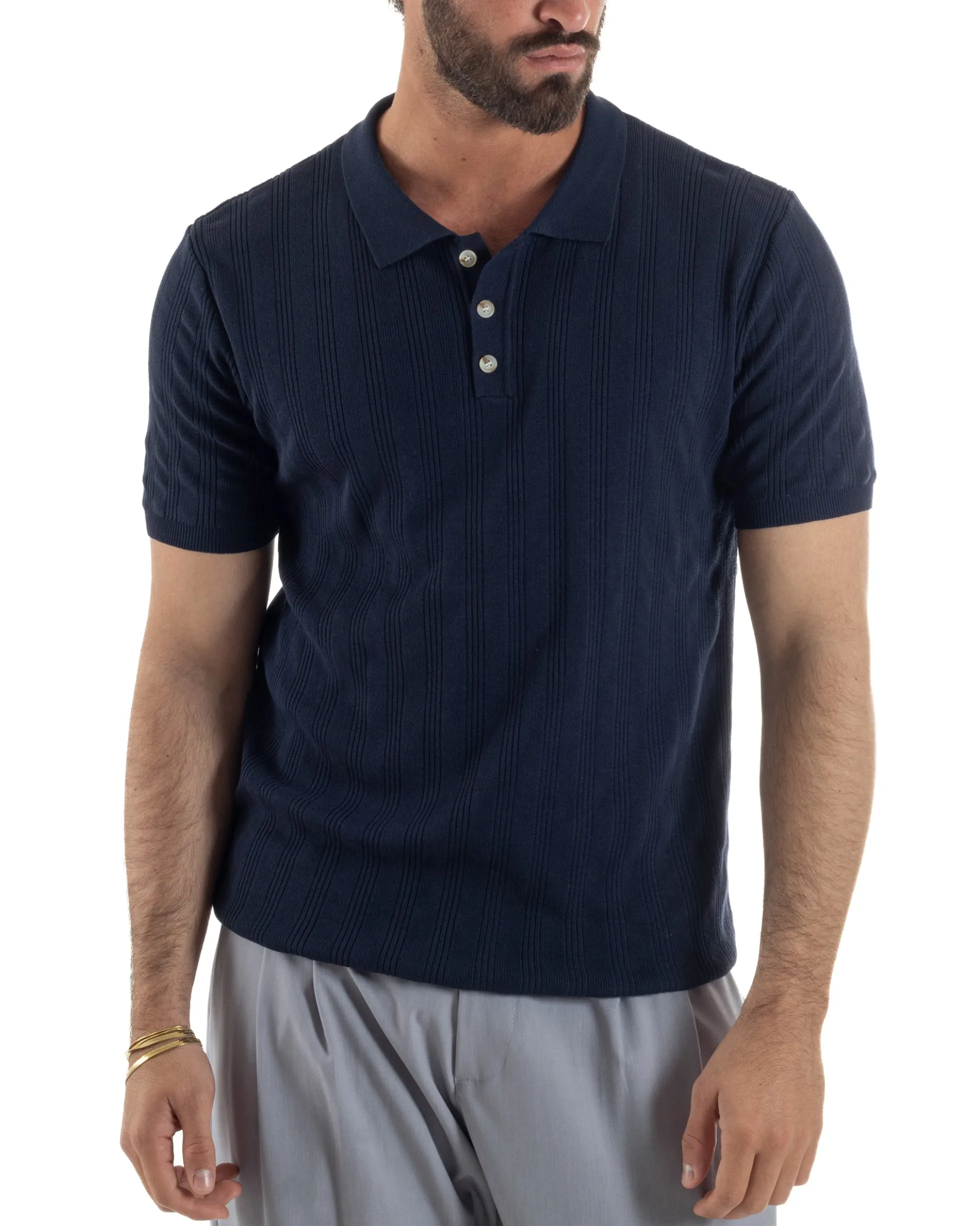 Polo uomo filo maglia costine colletto con bottoni t-shirt sottogiacca blu GIOSAL-TS3273A