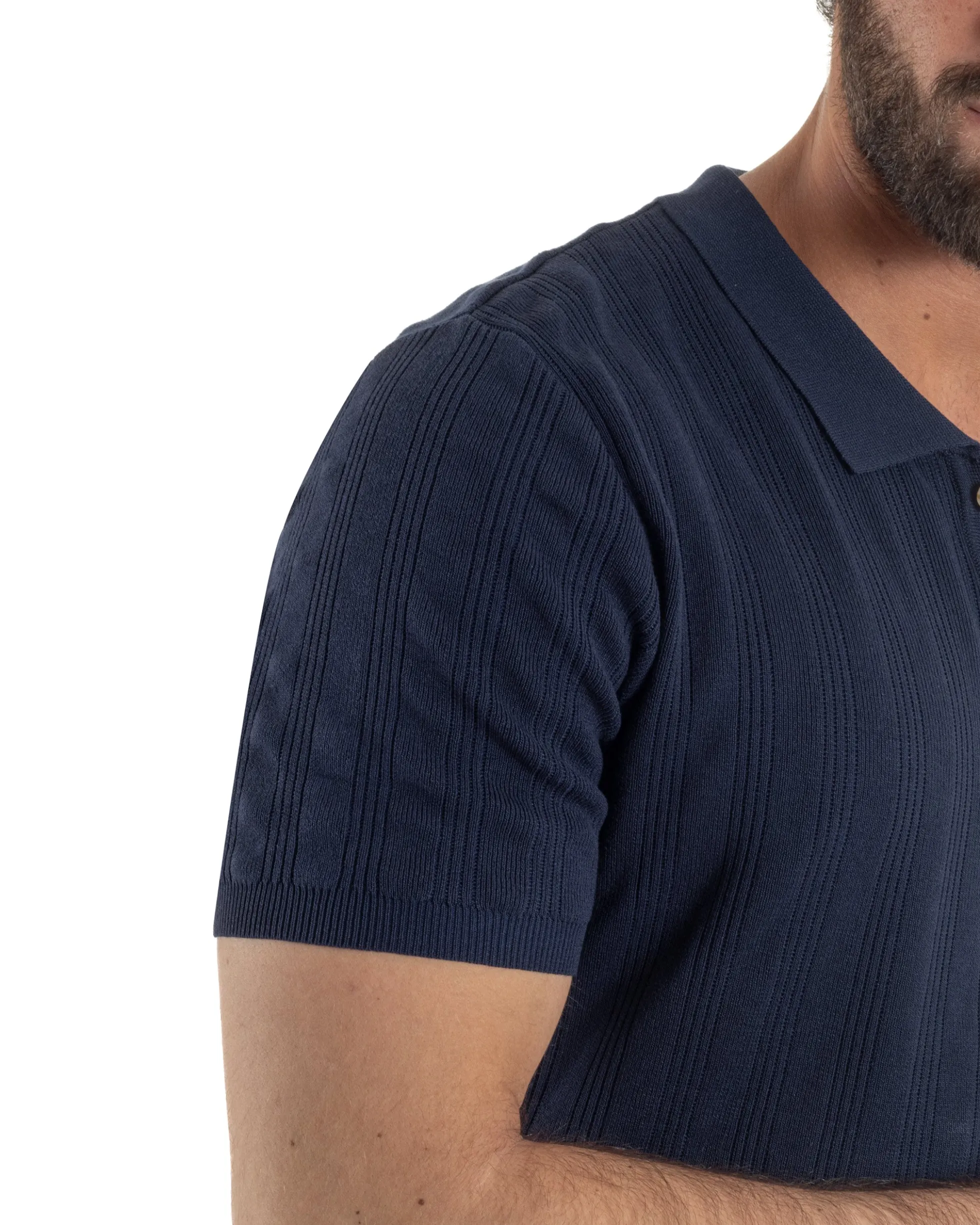 Polo uomo filo maglia costine colletto con bottoni t-shirt sottogiacca blu GIOSAL-TS3273A