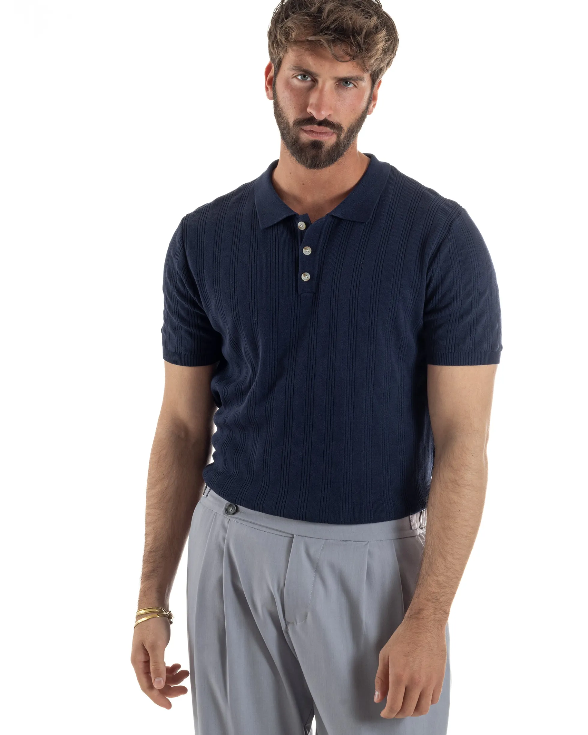 Polo uomo filo maglia costine colletto con bottoni t-shirt sottogiacca blu GIOSAL-TS3273A