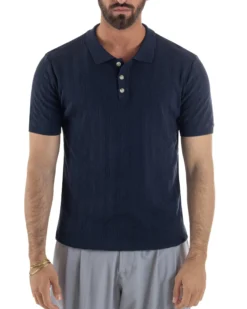 Polo uomo filo maglia costine colletto con bottoni t-shirt sottogiacca blu GIOSAL-TS3273A
