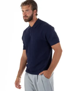 Polo uomo filo maglia nido d'ape colletto t-shirt sottogiacca blu GIOSAL-TS3320A