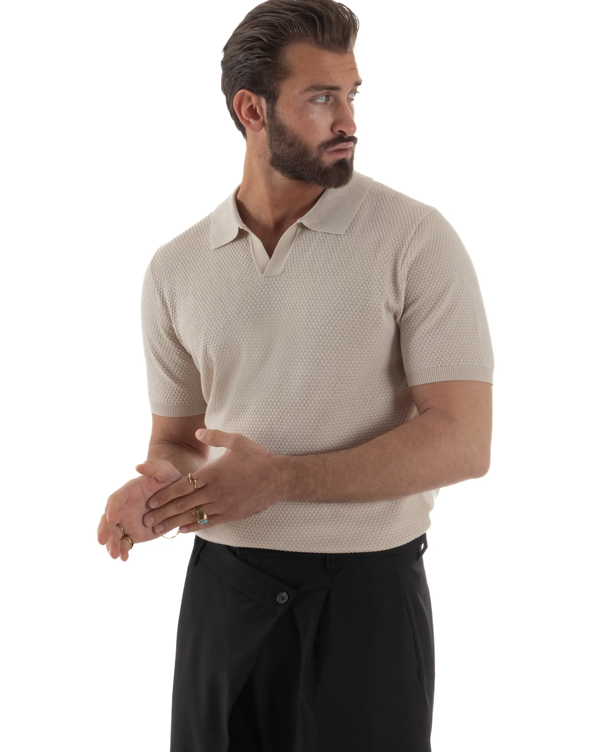 Polo uomo filo maglia traforata colletto t-shirt sottogiacca scollo v beige GIOSAL-TS3214A