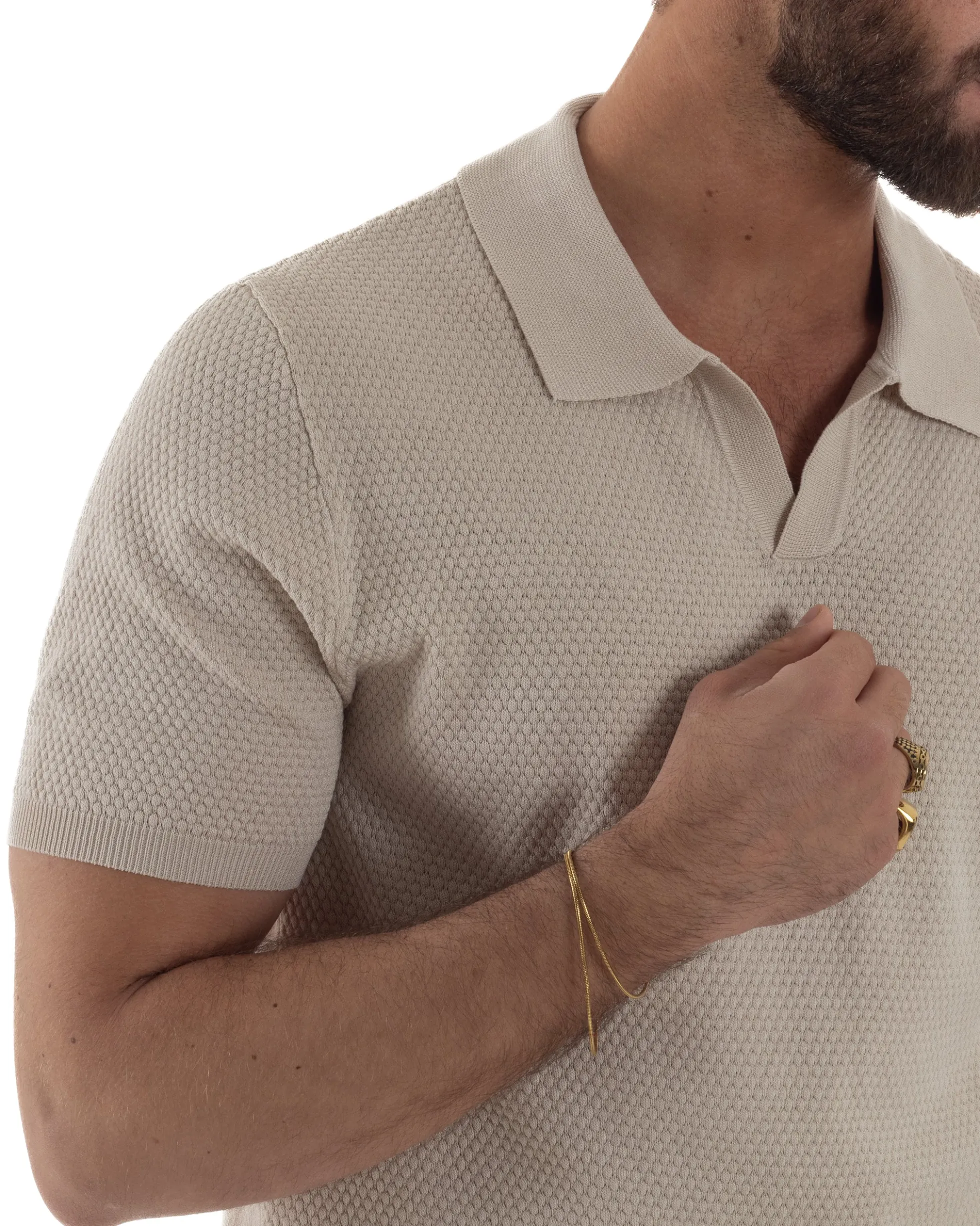 Polo uomo filo maglia traforata colletto t-shirt sottogiacca scollo v beige GIOSAL-TS3214A