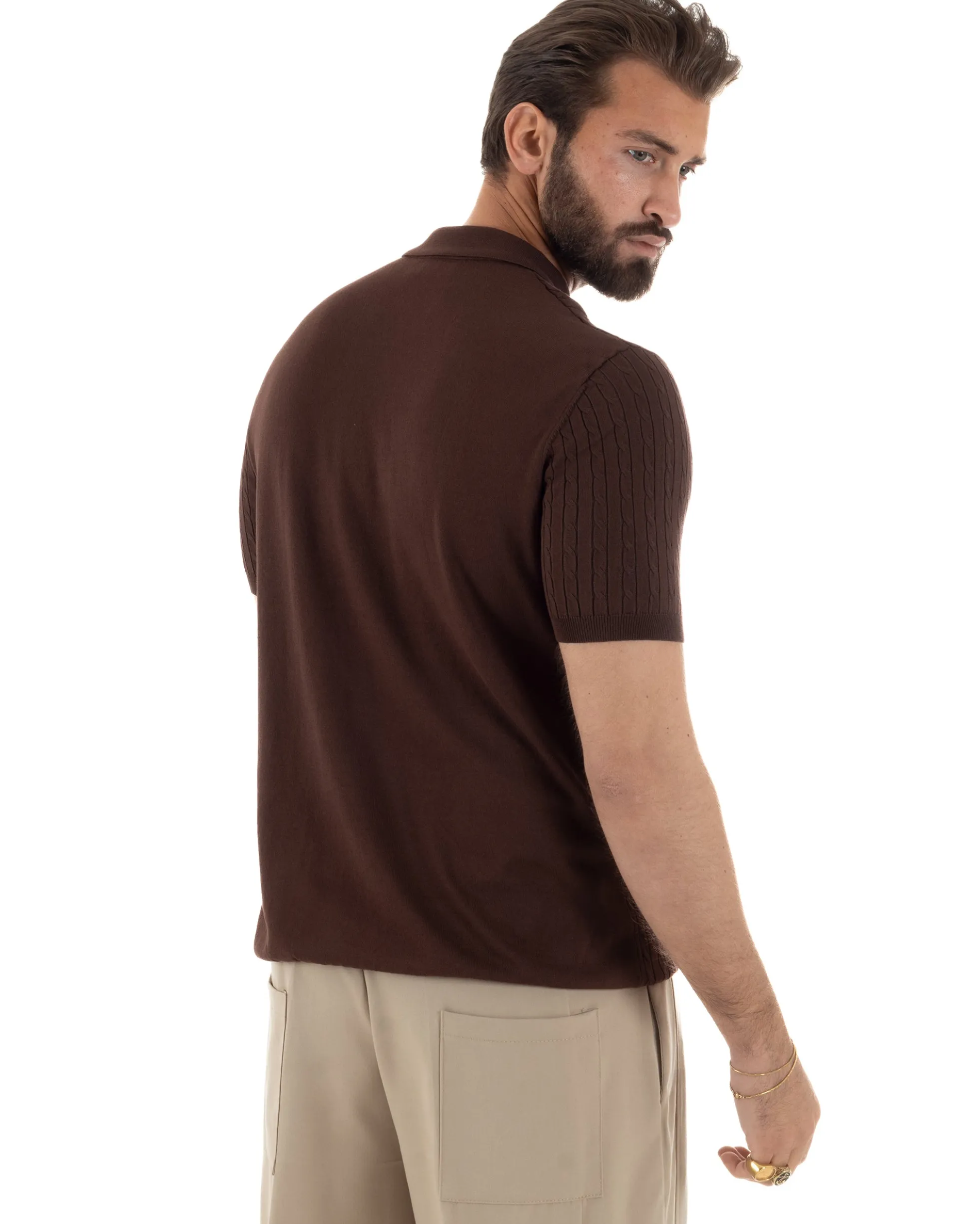 Polo uomo filo maglia trecce colletto con zip t-shirt sottogiacca leggera marrone GIOSAL-TS3224A