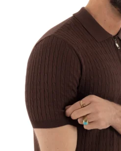 Polo uomo filo maglia trecce colletto con zip t-shirt sottogiacca leggera marrone GIOSAL-TS3224A