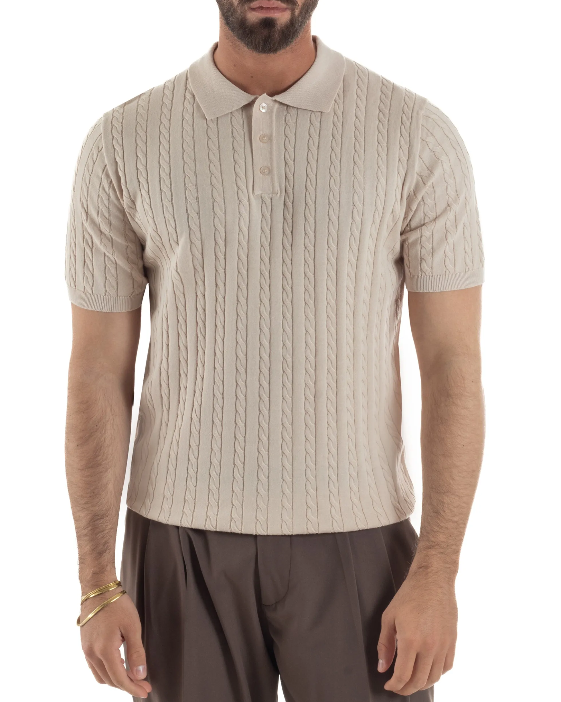 Polo uomo filo maglia trecce colletto con bottoni t-shirt sottogiacca beige GIOSAL-TS3268A