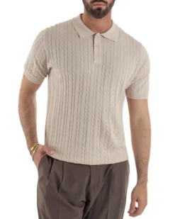Polo uomo filo maglia trecce colletto con bottoni t-shirt sottogiacca beige GIOSAL-TS3268A