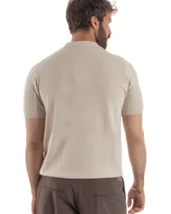 Polo uomo filo maglia trecce colletto con bottoni t-shirt sottogiacca beige GIOSAL-TS3268A