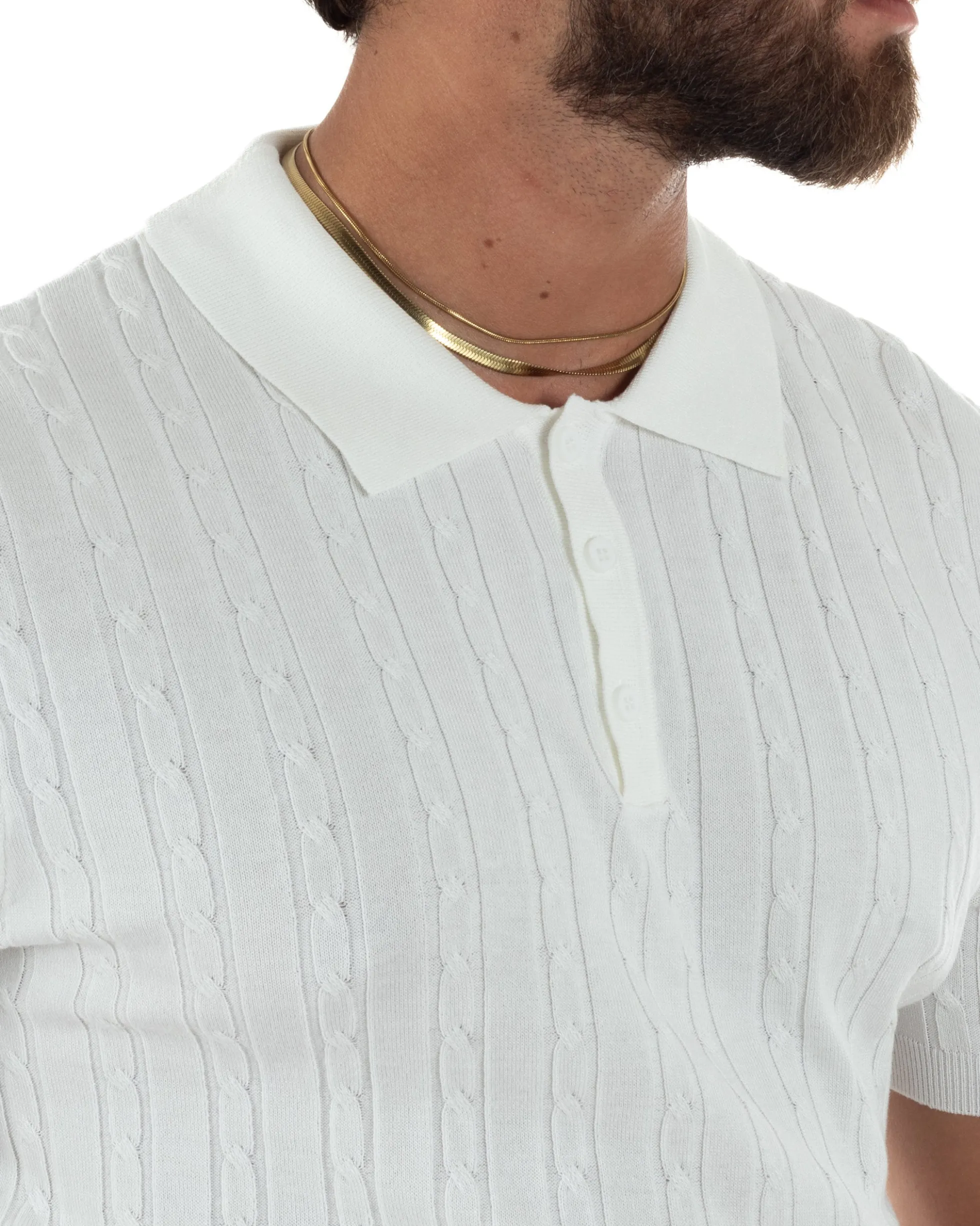 Polo uomo filo maglia trecce colletto con bottoni t-shirt sottogiacca elegante bianco GIOSAL-TS3314A