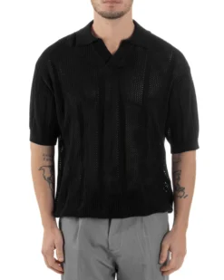 Polo Uomo Filo Traforata Scollo V T-Shirt Con Colletto Maniche Corte Lavorata Oversize Spalle Scese Nero GIOSAL-TS3115A