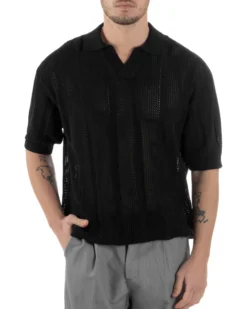 Polo Uomo Filo Traforata Scollo V T-Shirt Con Colletto Maniche Corte Lavorata Oversize Spalle Scese Nero GIOSAL-TS3115A