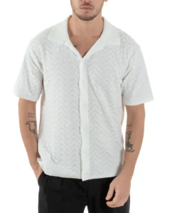 Polo Uomo In Filo Cardigan Con Bottoni T-Shirt Cropped Con Colletto Maglia Boxy Fit Traforata Lavorata Casual Bianco GIOSAL-TS3110A