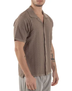 Polo Uomo In Filo Cardigan Con Bottoni T-Shirt Cropped Con Colletto Maglia Boxy Fit Traforata Lavorata Casual Marrone GIOSAL-TS3111A