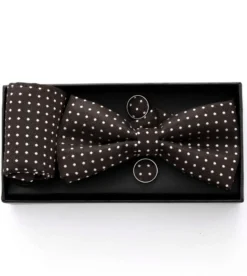 Set pochette papillon gemelli uomo unisex elegante cerimonia pois marrone GIOSAL-CP1159A