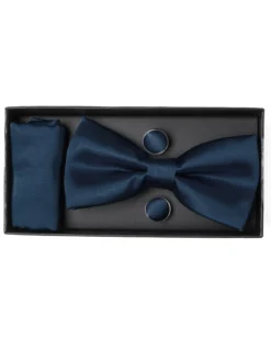 Set Pochette Papillon Gemelli Uomo Unisex Elegante Classico Cerimonia Tinta Unita Blu Scuro GIOSAL-CP1130A