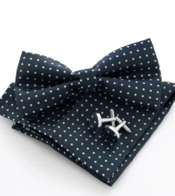 Set Pochette Papillon Gemelli Uomo Unisex Blu Scuro Elegante Classico Fantasia Pois Cerimonia GIOSAL-CP1122A