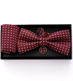 Set Pochette Papillon Gemelli Uomo Unisex Elegante Cerimonia Pois Bordeaux GIOSAL-CP1051A