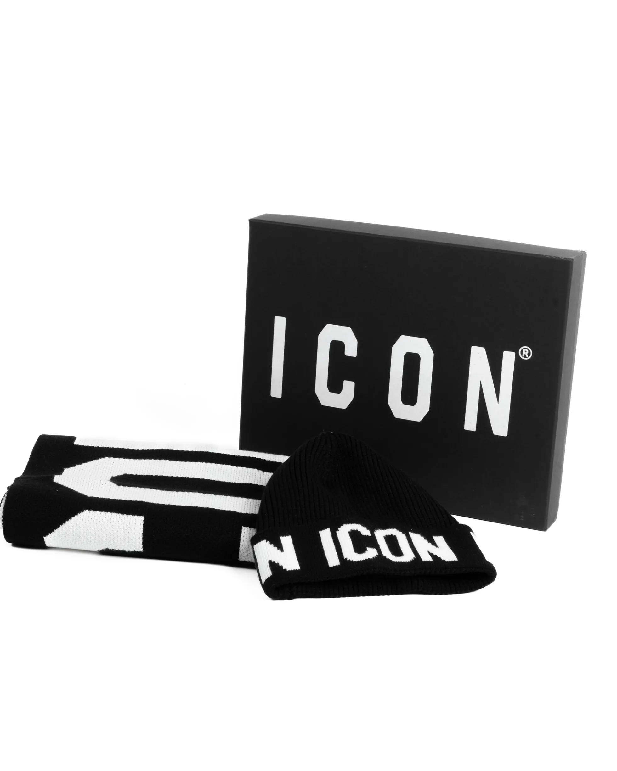 Set Sciarpa Cappello Zuccotto Logo Nero Bianco ICON ICXF2W6BOX3