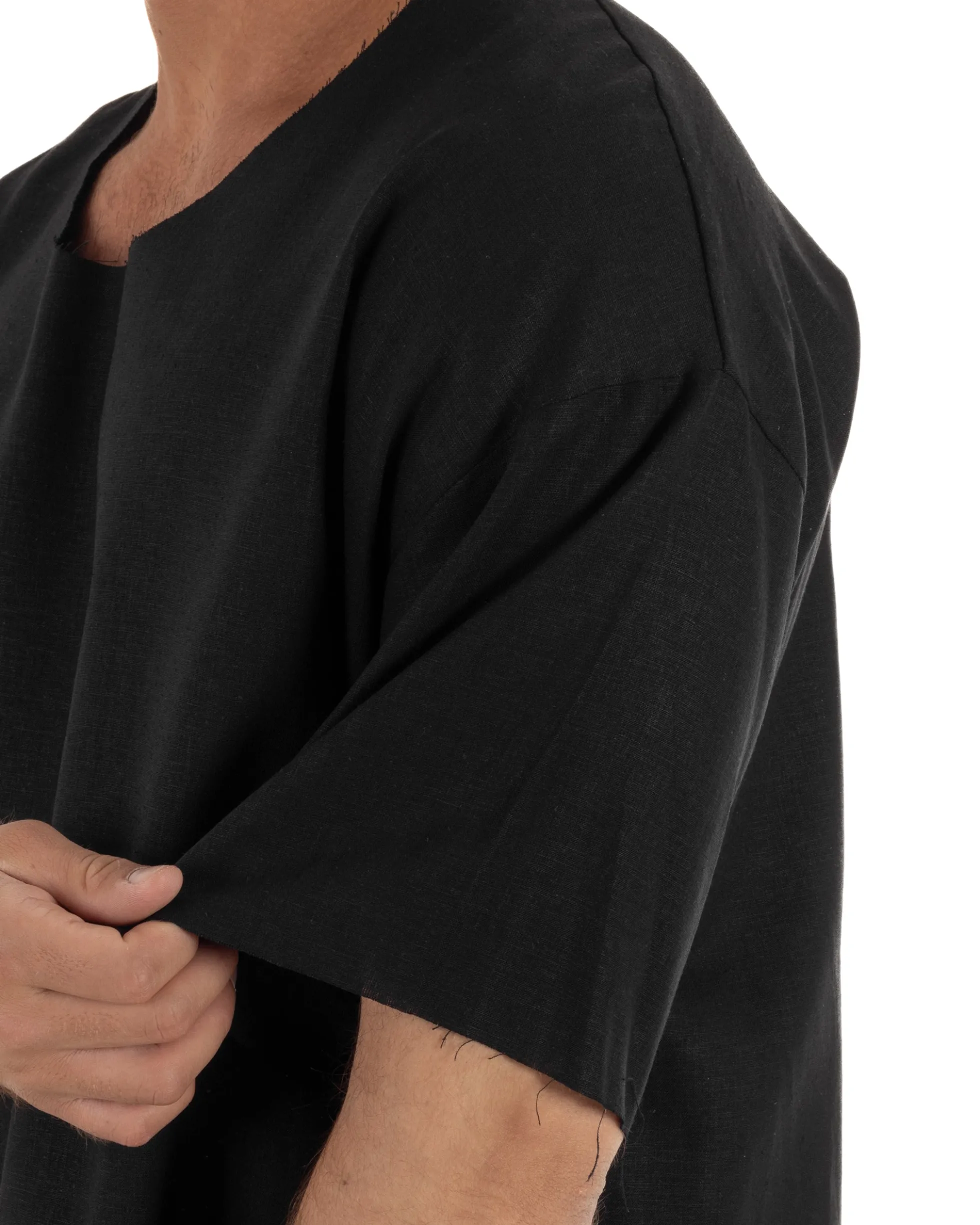 T-shirt casacca uomo lino girocollo over fit sfrangiata nero GIOSAL-TS3281A