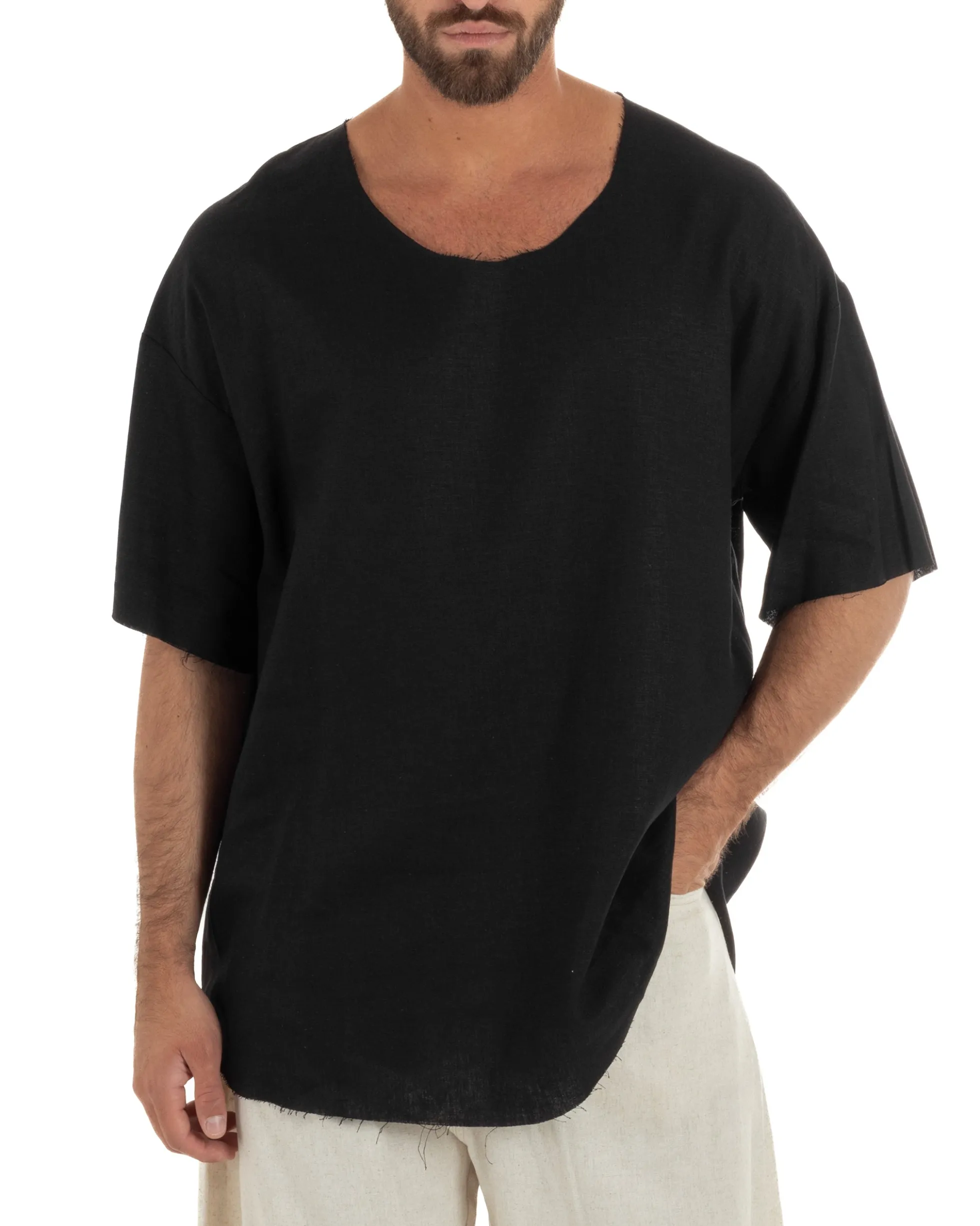 T-shirt casacca uomo lino girocollo over fit sfrangiata nero GIOSAL-TS3281A