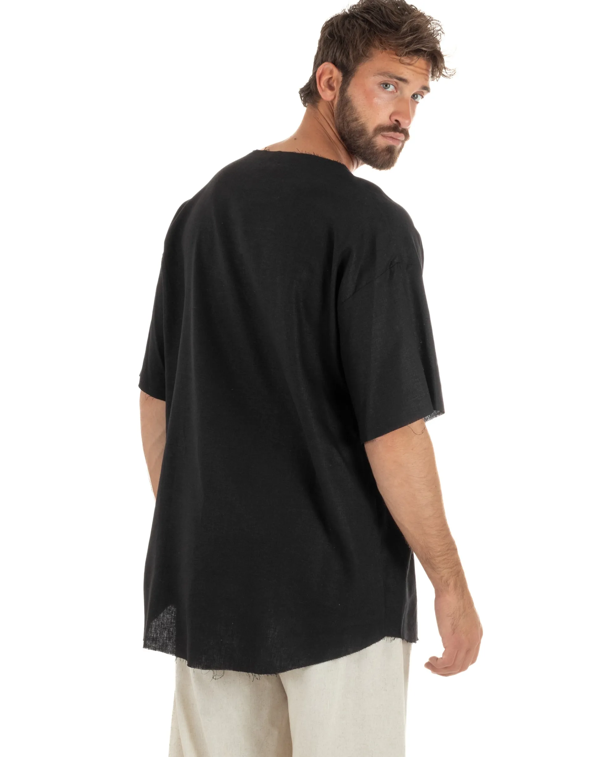 T-shirt casacca uomo lino girocollo over fit sfrangiata nero GIOSAL-TS3281A