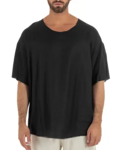 T-shirt casacca uomo lino girocollo over fit sfrangiata nero GIOSAL-TS3281A