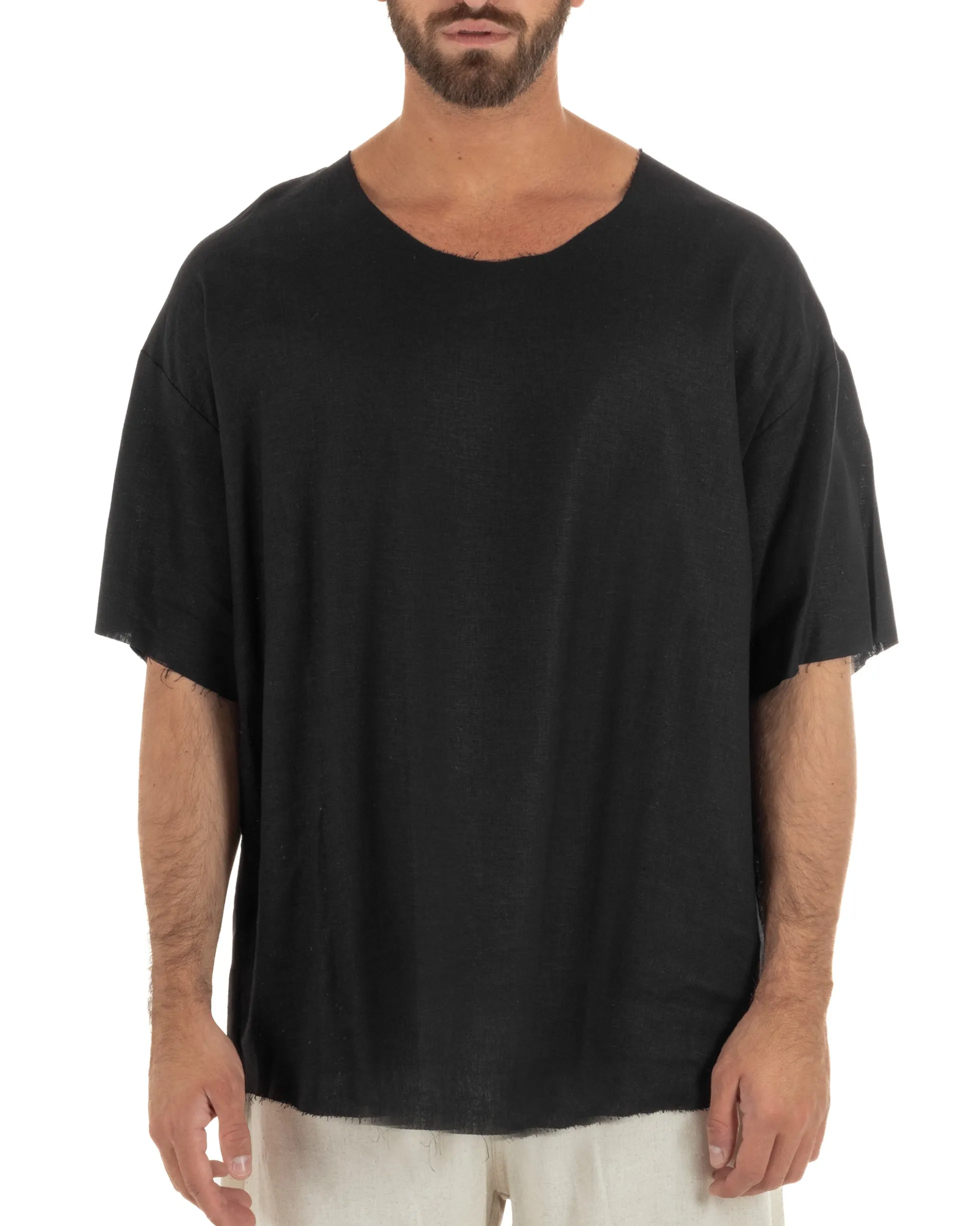 T-shirt casacca uomo lino girocollo over fit sfrangiata nero GIOSAL-TS3281A