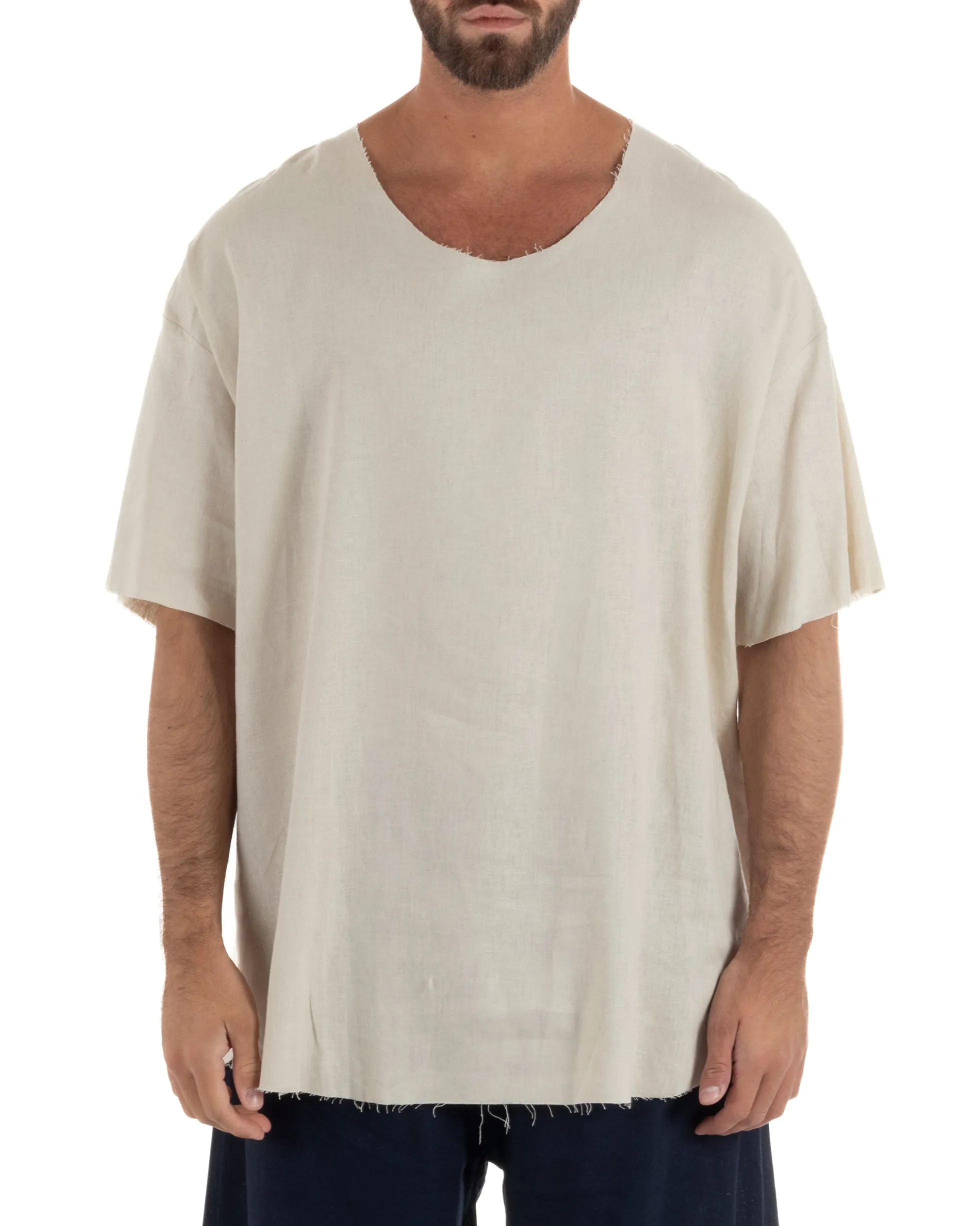 T-shirt casacca uomo lino girocollo over fit sfrangiata beige GIOSAL-TS3283A
