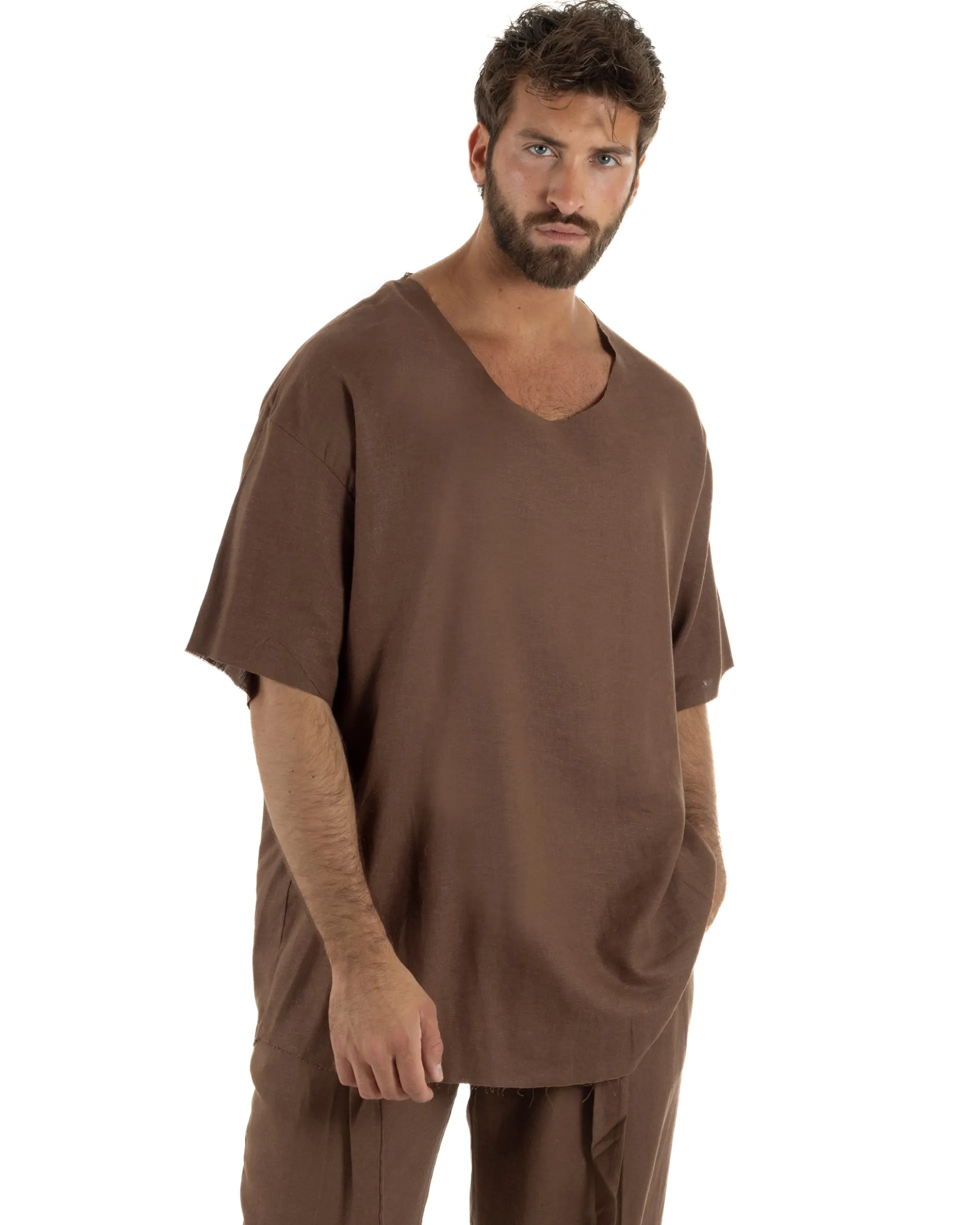 T-shirt casacca uomo lino girocollo over fit sfrangiata marrone GIOSAL-TS3284A