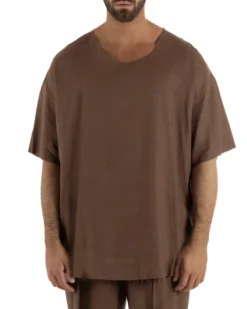 T-shirt casacca uomo lino girocollo over fit sfrangiata marrone GIOSAL-TS3284A