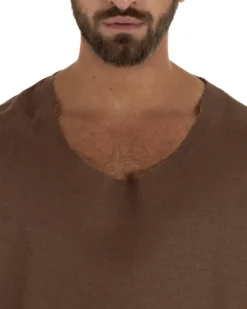 T-shirt casacca uomo lino girocollo over fit sfrangiata marrone GIOSAL-TS3284A