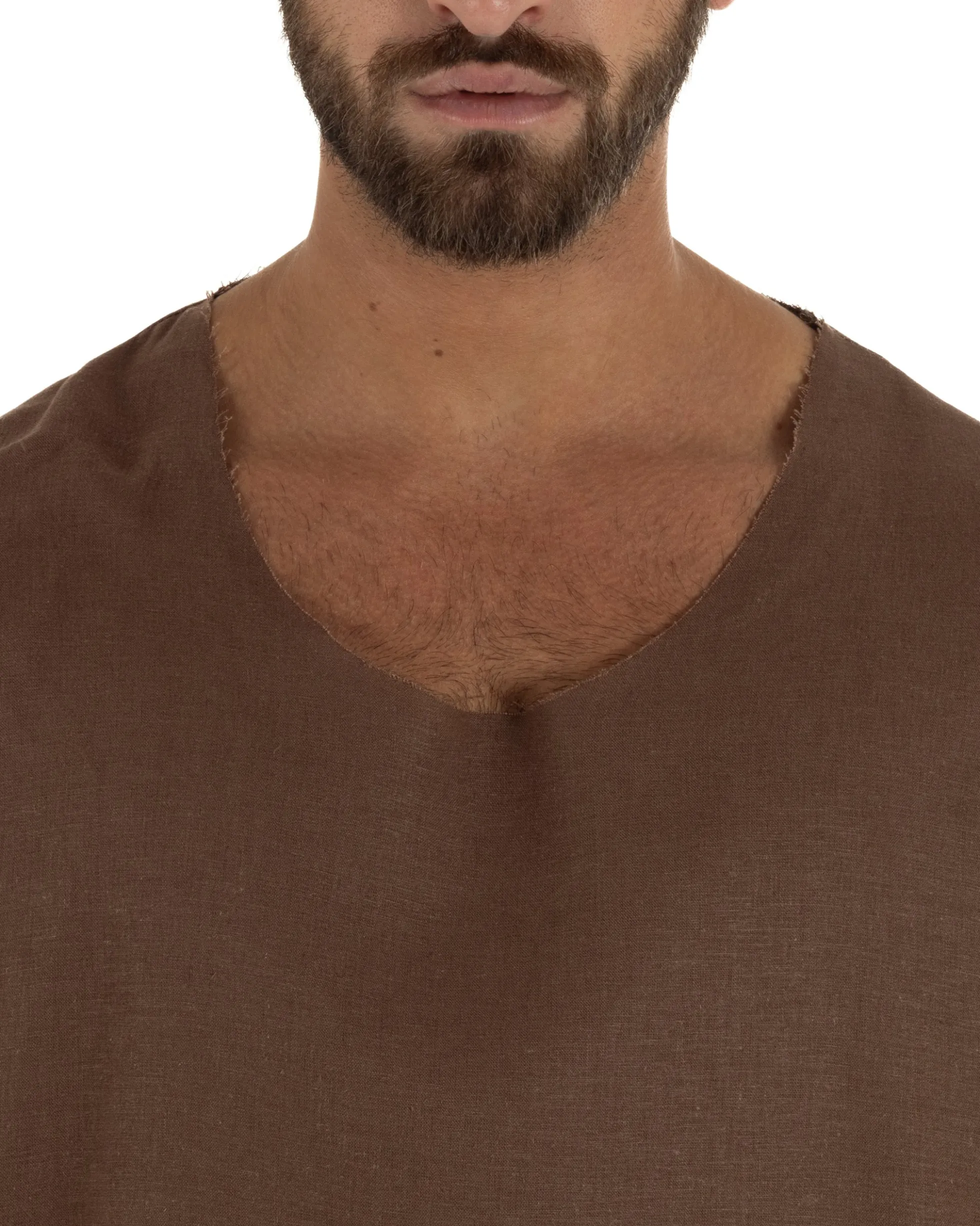 T-shirt casacca uomo lino girocollo over fit sfrangiata marrone GIOSAL-TS3284A