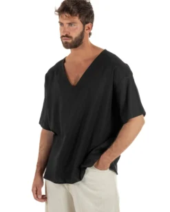 T-shirt casacca uomo lino over fit con scollo a v profondo nero GIOSAL-TS3279A