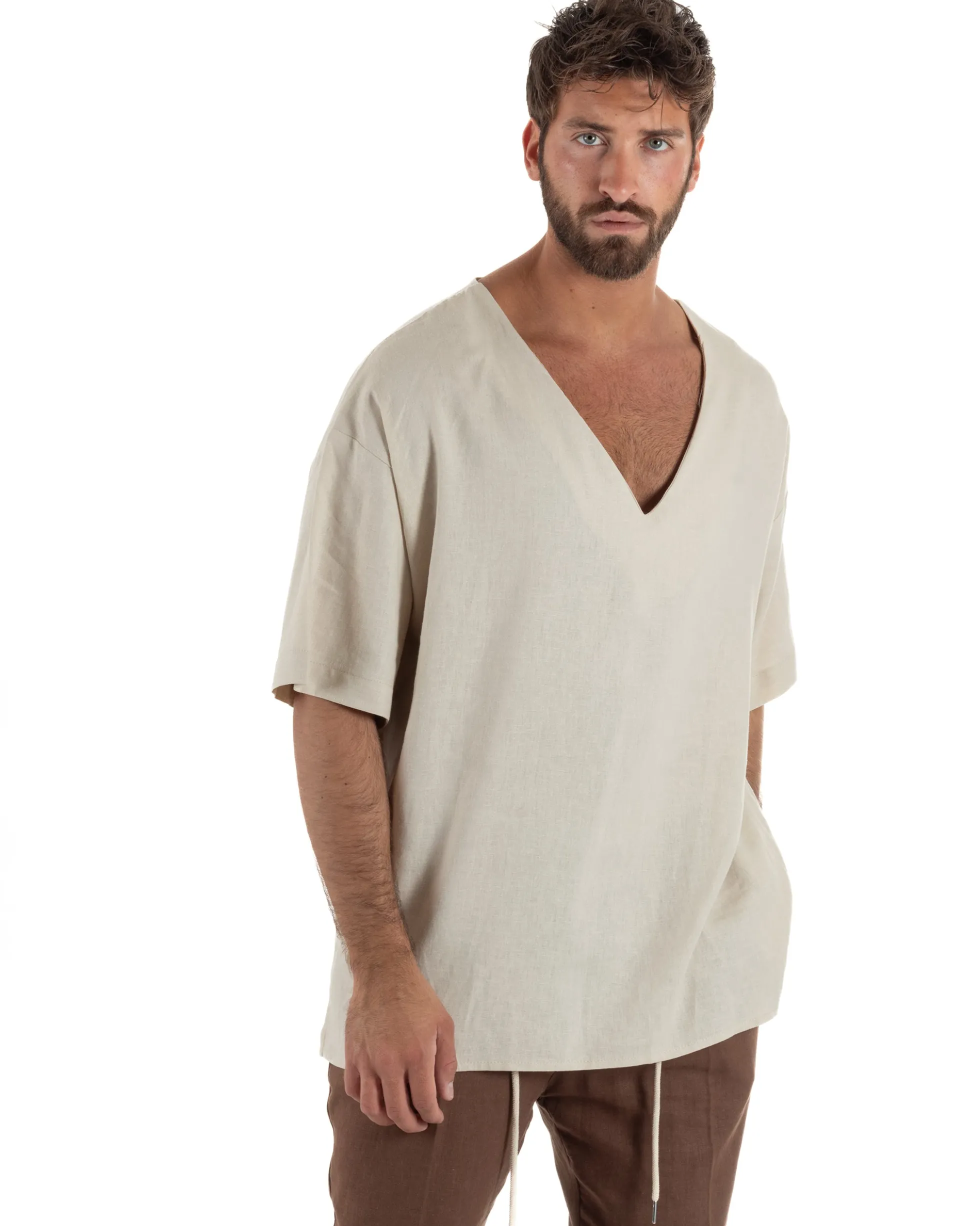 T-shirt casacca uomo lino over fit con scollo a v profondo beige GIOSAL-TS3278A