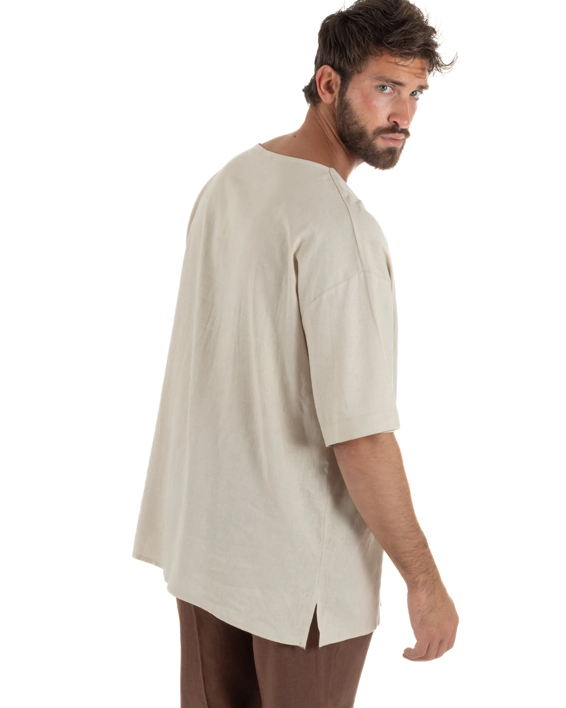 T-shirt casacca uomo lino over fit con scollo a v profondo beige GIOSAL-TS3278A