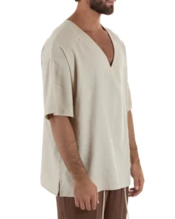 T-shirt casacca uomo lino over fit con scollo a v profondo beige GIOSAL-TS3278A