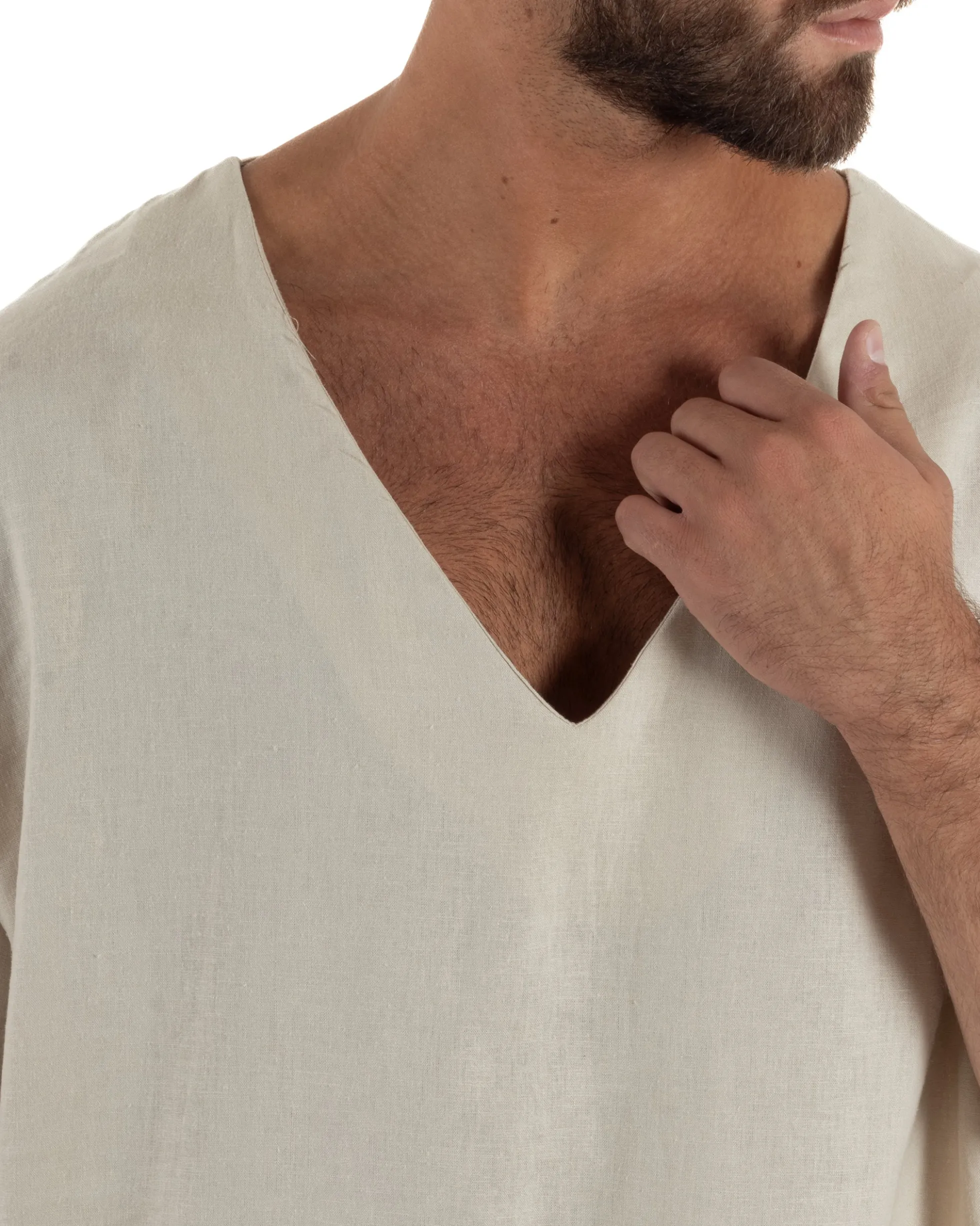 T-shirt casacca uomo lino over fit con scollo a v profondo beige GIOSAL-TS3278A