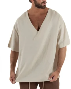 T-shirt casacca uomo lino over fit con scollo a v profondo beige GIOSAL-TS3278A