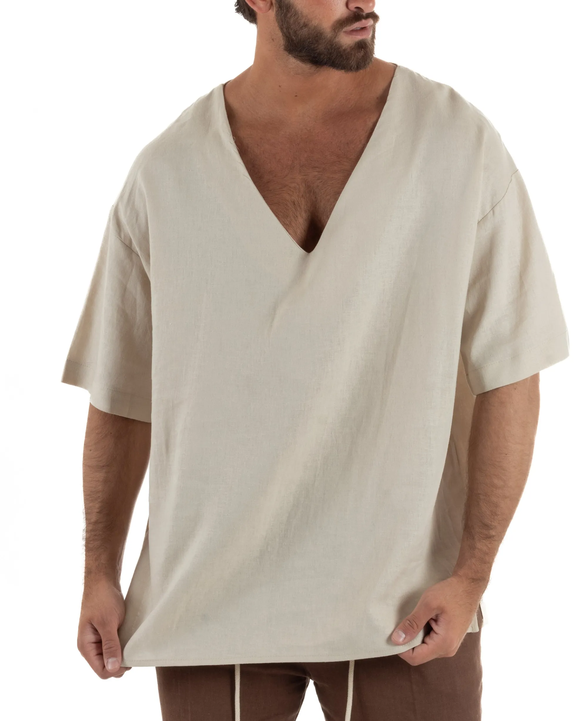 T-shirt casacca uomo lino over fit con scollo a v profondo beige GIOSAL-TS3278A