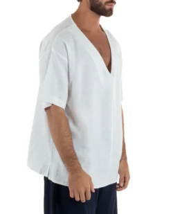 T-shirt casacca uomo lino over fit con scollo a v profondo bianco GIOSAL-TS3280A