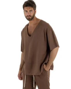 T-shirt casacca uomo lino over fit con scollo a v profondo marrone GIOSAL-TS3277A