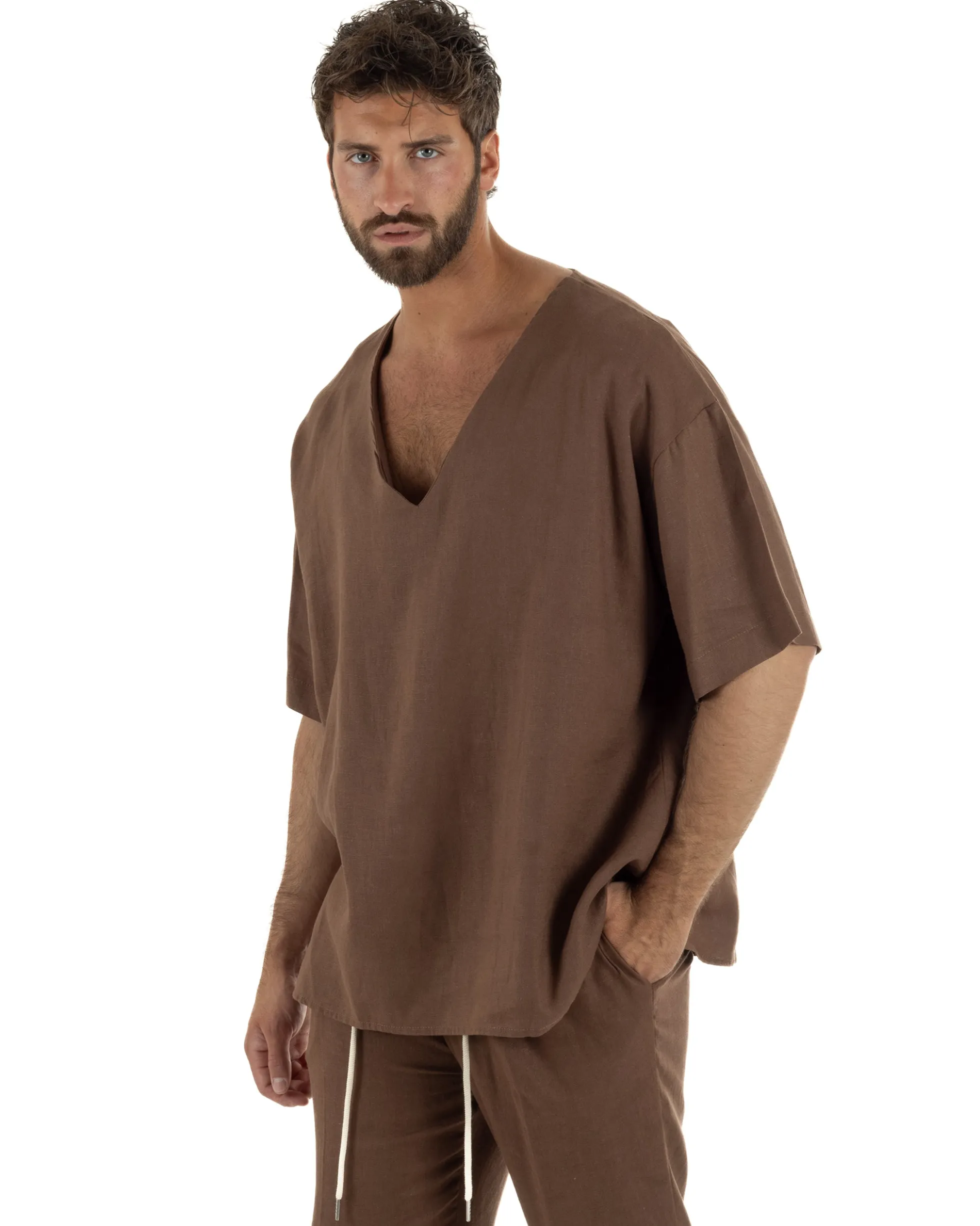 T-shirt casacca uomo lino over fit con scollo a v profondo marrone GIOSAL-TS3277A
