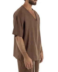 T-shirt casacca uomo lino over fit con scollo a v profondo marrone GIOSAL-TS3277A